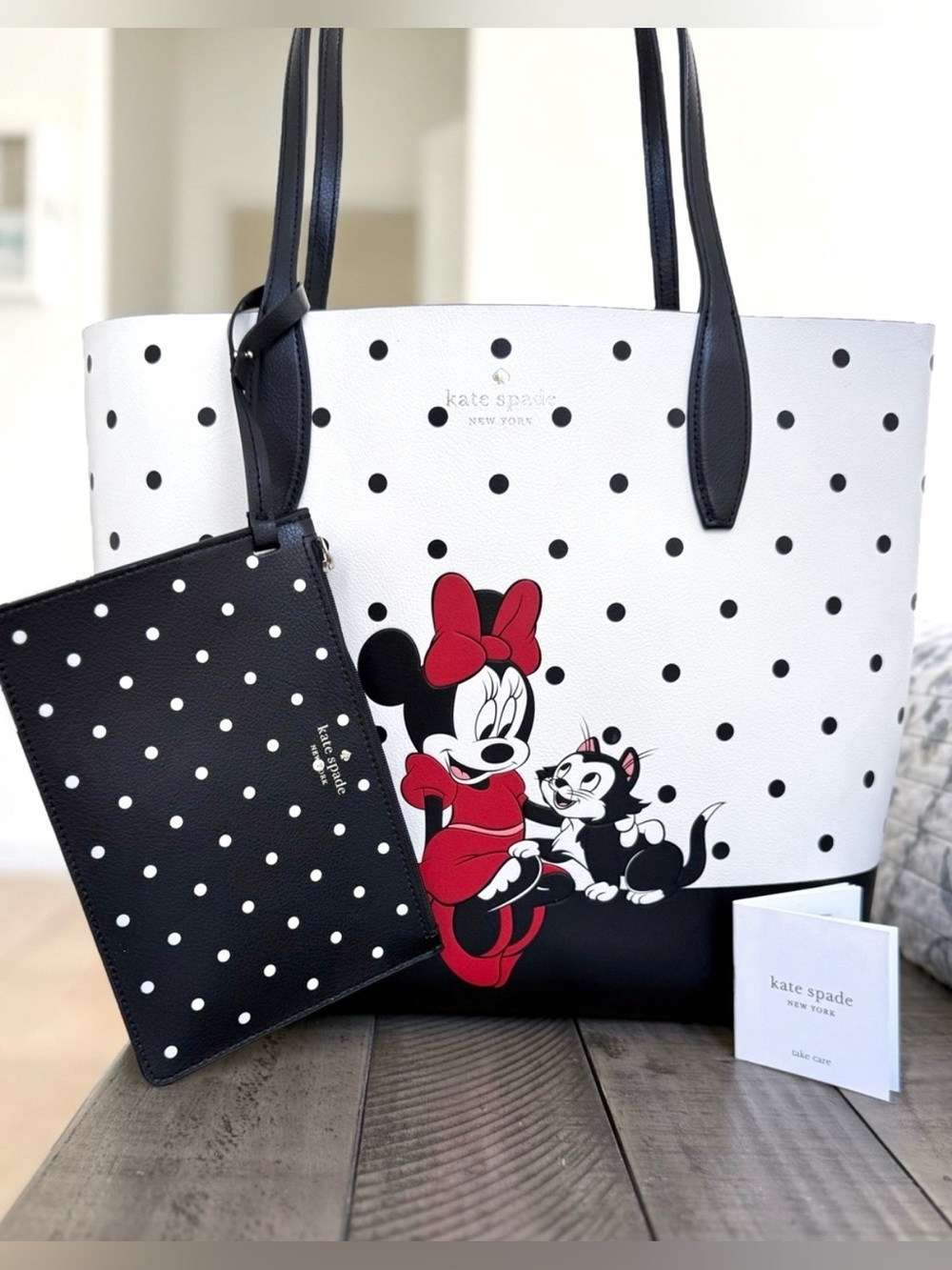 Kate Spade Disney Minnie Mouse Polka Dot Tote Bag Black White Red w/ Pouch